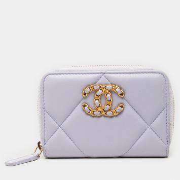 Pre Owned Chanel Purple Quilted Lambskin 19 Zip Around Coin Purse