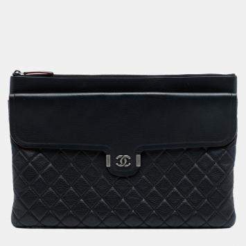 Pre Owned Chanel Black Large Quilted Grained Calfskin Archi Chic Cosmetic Case