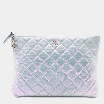 Pre Owned Chanel Silver Medium Quilted Metallic Aged Calfskin O Case Clutch