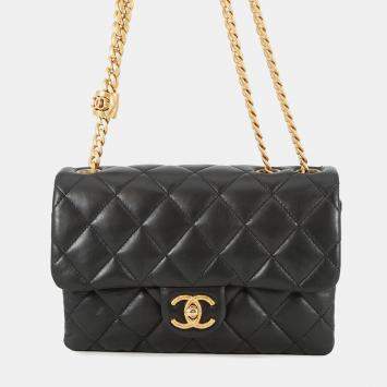Pre Owned Chanel Matelasse Small Flap Bag Black Lambskin