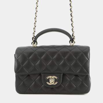 Pre Owned Chanel Matelasse Top Handle Mini Flap Bag Black Lambskin Size 20