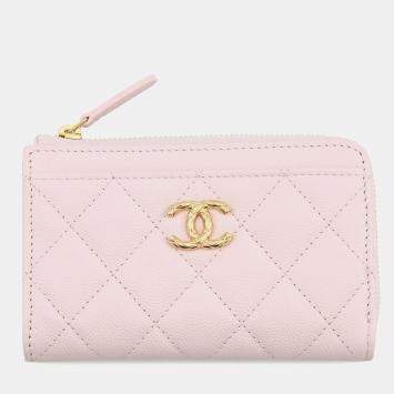Pre Owned Chanel Cc Logo Zip Card Case Fragment Case Pink Caviar Leather