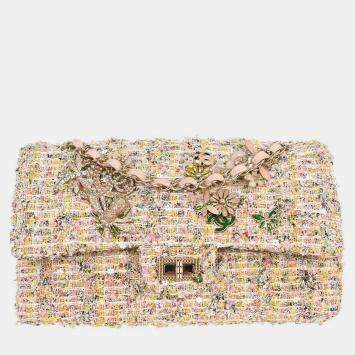 Pre Owned Chanel Light Pink Tweed 2.55 Medium Classic Double Flap Shoulder Bag