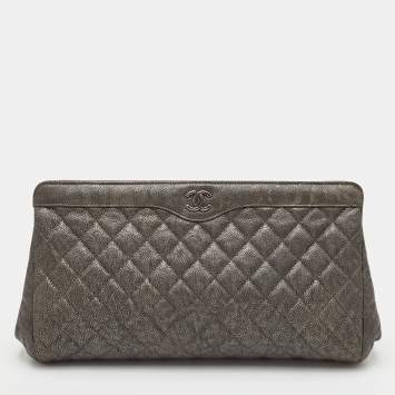 Pre Owned Chanel In Story Grey Quilted Caviar Leather Clutch