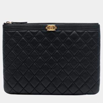 Pre Owned Chanel Black Medium Quilted Caviar Boy O Case Clutch