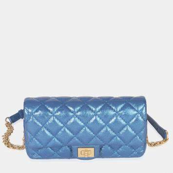 Pre Owned Chanel Blue Metallic Aged Quilted Calfskin 2.55 Reissue Flap Belt Bag