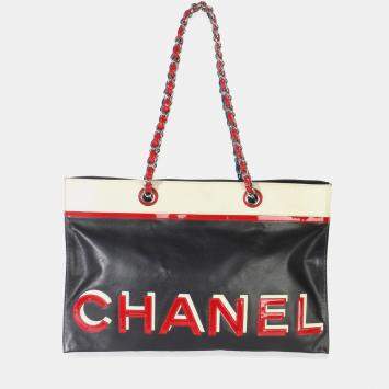 Pre Owned Chanel Vintage Black Red Lambskin No. 5 Star Chain Tote Bag