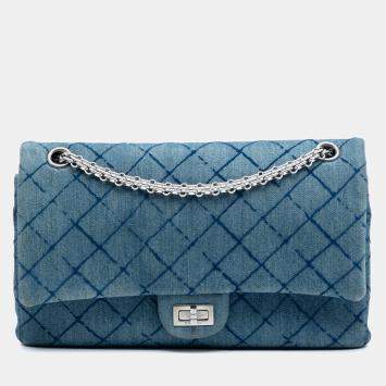 Pre Owned Chanel Blue Reissue 2.55 Quilted Denim Double Flap 226