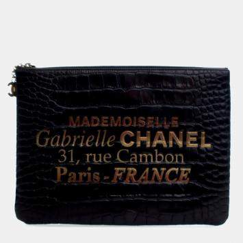 Pre Owned Chanel Black Medium Croc Embossed Calfskin Mademoiselle Gabrielle Signature Pouch