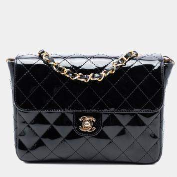 Pre Owned Chanel Black CC Quilted Patent Straight Single Flap