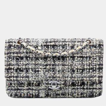 Pre Owned Chanel Black White Medium Classic Tweed Double Flap