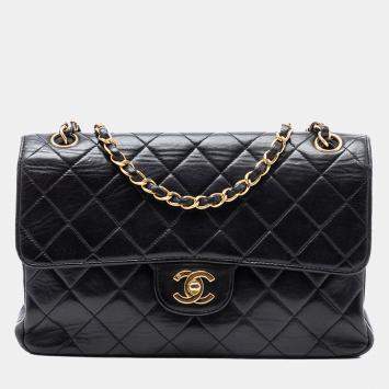 Pre Owned Chanel Black Medium Quilted Lambskin Double Sided Flap