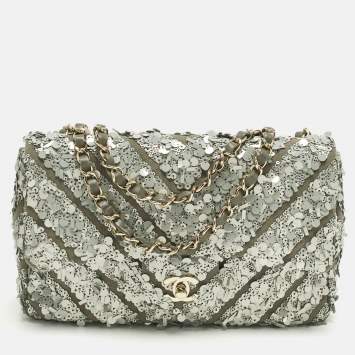 Pre Owned Chanel Classic Single Flap Medium Green Sequins and Canvas Shoulder Bag
