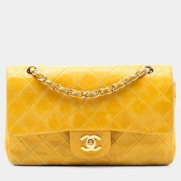 Pre Owned Chanel Yellow Small Classic Lambskin Double Flap