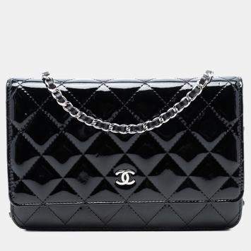 Pre Owned Chanel Black CC Quilted Patent Wallet On Chain