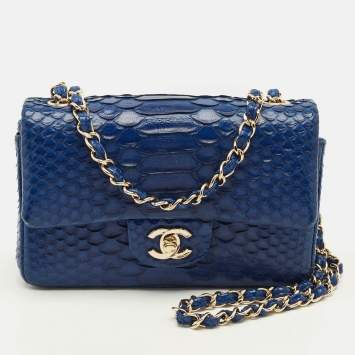Pre Owned Chanel Classic New Mini Blue Python Flap Bag