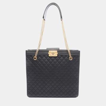 Pre Owned Chanel Boy Chanel Shopping Bag Tote Leather Black