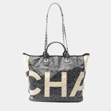 Pre Owned Chanel Coco Mark Camellia Tote Bag Coated Canvas And Leather Black Beige