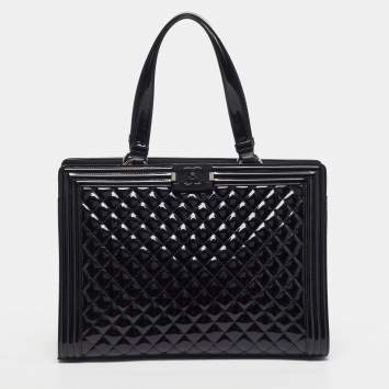 Pre Owned Chanel Boy Large Black Quilted Patent Leather Shopper Tote