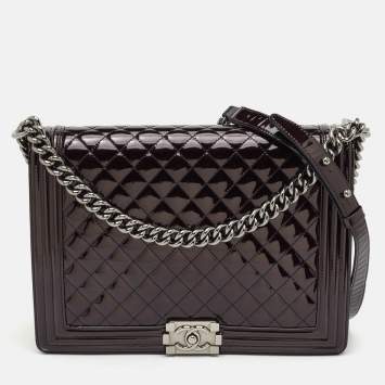 Pre Owned Chanel Boy Large Black Quilted Patent Leather Flap Bag