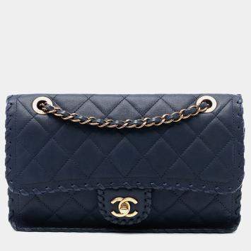 Pre Owned Chanel Blue Medium Quilted Iridescent Calfskin Happy Stitch Flap