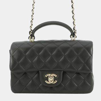 Pre Owned Chanel Black Mini Rectangular Classic Lambskin Top Handle Flap