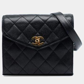 Pre Owned Chanel Black Mini CC Quilted Caviar Envelope Flap