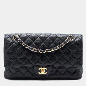 Pre Owned Chanel Black Medium Classic Caviar Double Flap