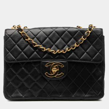 Pre Owned Chanel Black Jumbo XL Classic Lambskin Single Flap