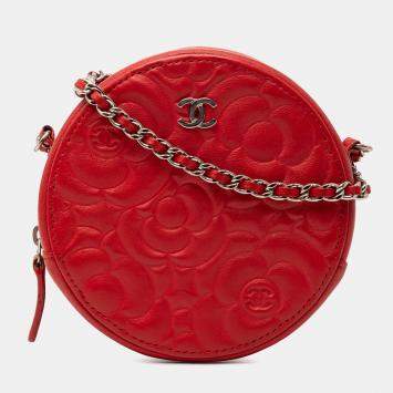 Pre Owned Chanel Red CC Goatskin Camellia Round Clutch With Chain