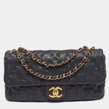 Pre Owned Chanel East/West Classic Black Wild Stitched Quilted Caviar Leather Flap Bag