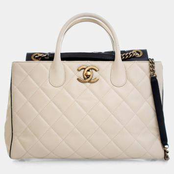 Pre Owned Chanel Black, White Calfskin Portobello Tote