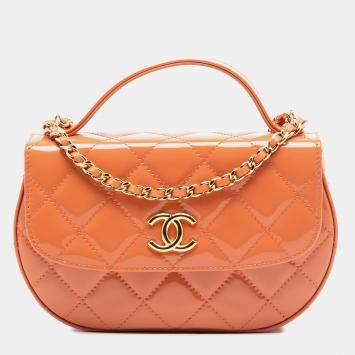 Pre Owned Chanel Orange CC Quilted Patent Top Handle Phone Holder With Chain