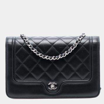 Pre Owned Chanel Black Red CC Quilted Lambskin Wallet On Chain