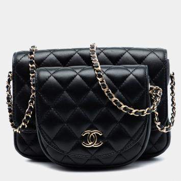 Pre Owned Chanel Black CC Quilted Lambskin Side Packs Flap