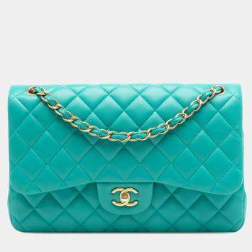 Pre Owned Chanel Green Jumbo Classic Lambskin Double Flap