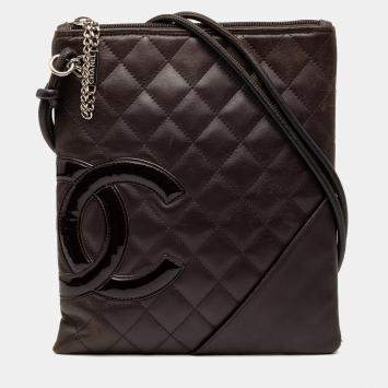 Pre Owned Chanel Brown Quilted Lambskin Cambon Ligne Flat Crossbody