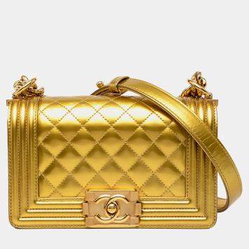 Pre Owned Chanel Gold Small Quilted Metallic Patent Boy Flap