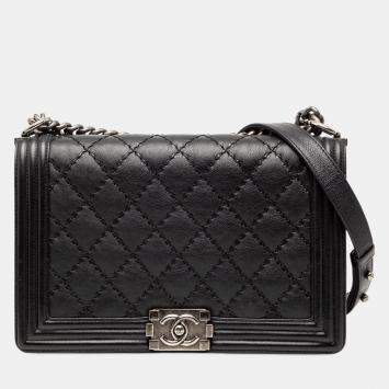 Pre Owned Chanel Black Medium Calfskin Double Stitch Boy Flap