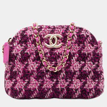 Pre Owned Chanel Purple CC Tweed Houndstooth Clutch On Chain