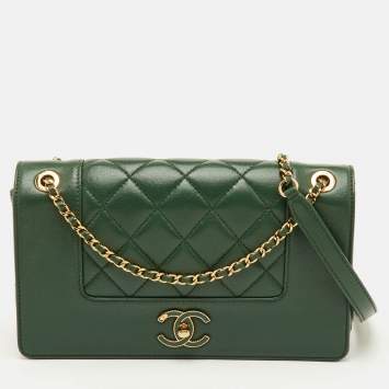 Pre Owned Chanel Mademoiselle Medium Green Quilted Leather CC Flap Bag