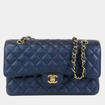 Pre Owned Chanel Blue Medium Classic Caviar Double Flap