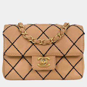 Pre Owned Chanel Beige Calfskin Wild Stitch Shoulder Bag