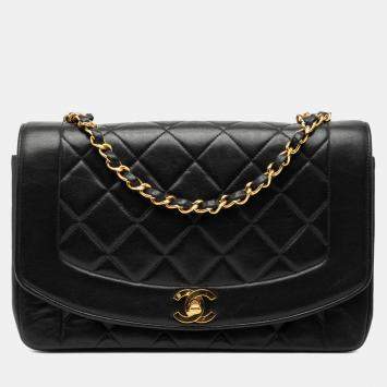 Pre Owned حقيبة رفرف ديانا وسط شانيل جلد الخروف أسود