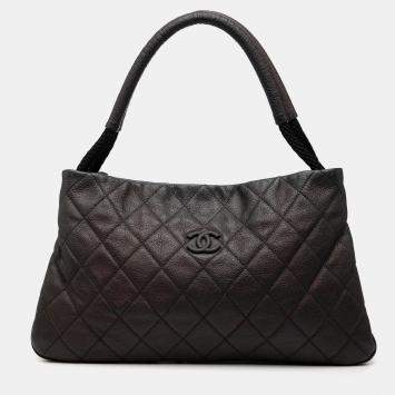 Pre Owned حقيبة يد شانيل يخت قابلة للتمدد سحّاب جلد عجل مبطن أسود متوسطة