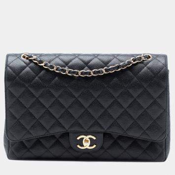Pre Owned حقيبة شانيل دبل رفرف ماكسي كلاسيك كافيار أسود