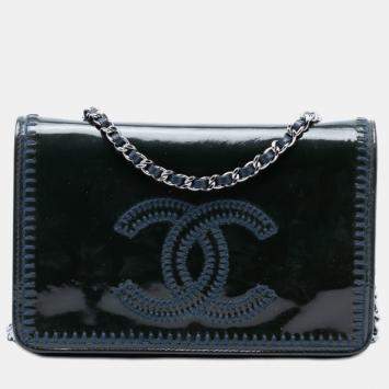 Pre Owned Chanel Blue CC Patent Whipstitch Wallet On Chain