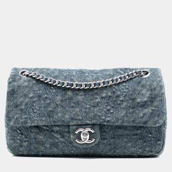 Pre Owned Chanel Blue Large Embroidered Denim Camellia Flap