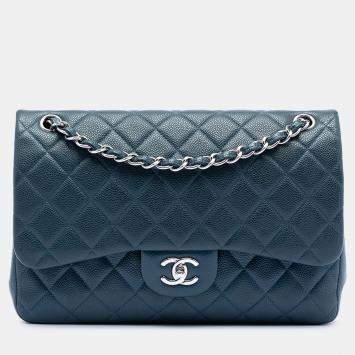 Pre Owned Chanel Blue Jumbo Classic Caviar Double Flap