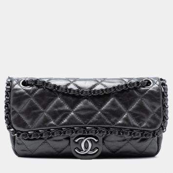 Pre Owned Chanel Grey Small Quilted Metallic Aged Calfskin Chain Me Flap